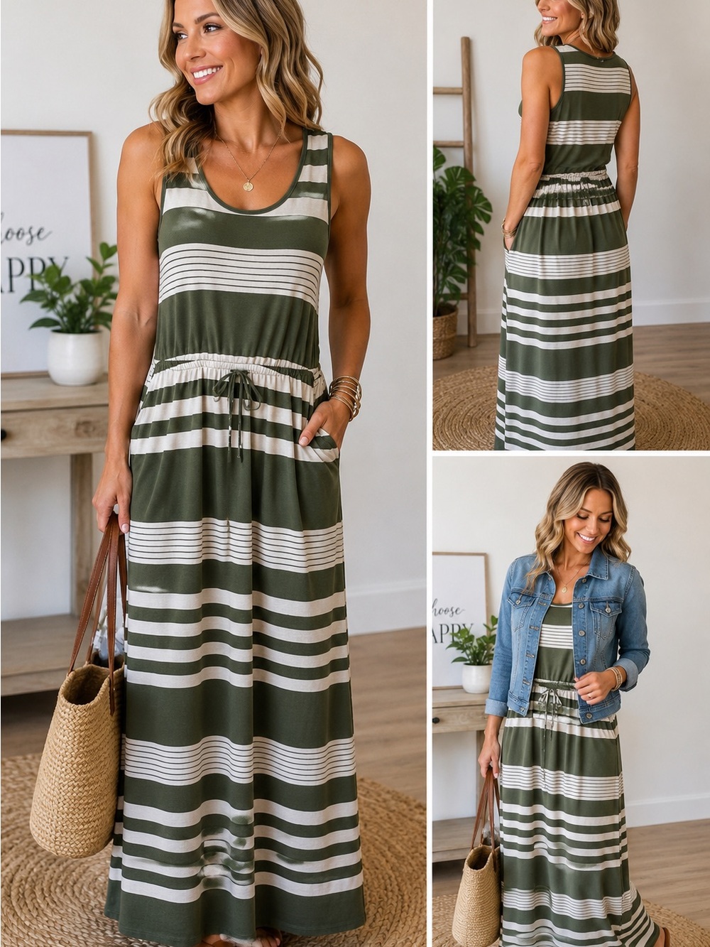 Espresso Olive Green and Cream Striped Sleeveless Maxi Dress